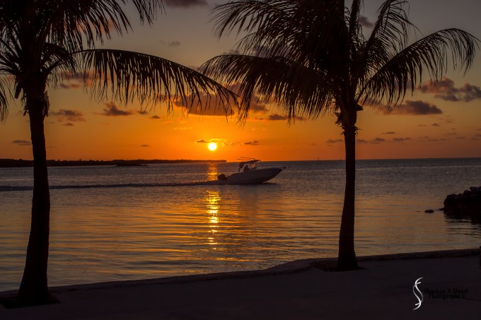 Sunset across the bay - boat heading out