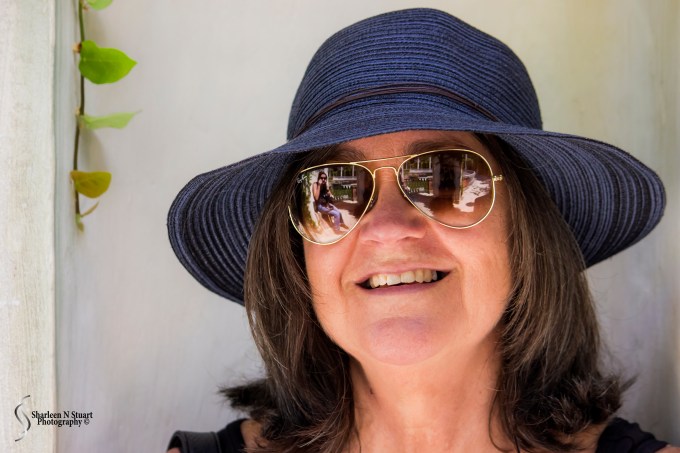 We stopped in a little gazebo where there were seats built into the pillars. I love this photo of Jen with Amy & I reflected in her sunglasses