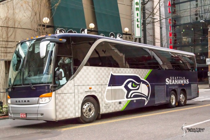Seattle SeaHawks team bus.