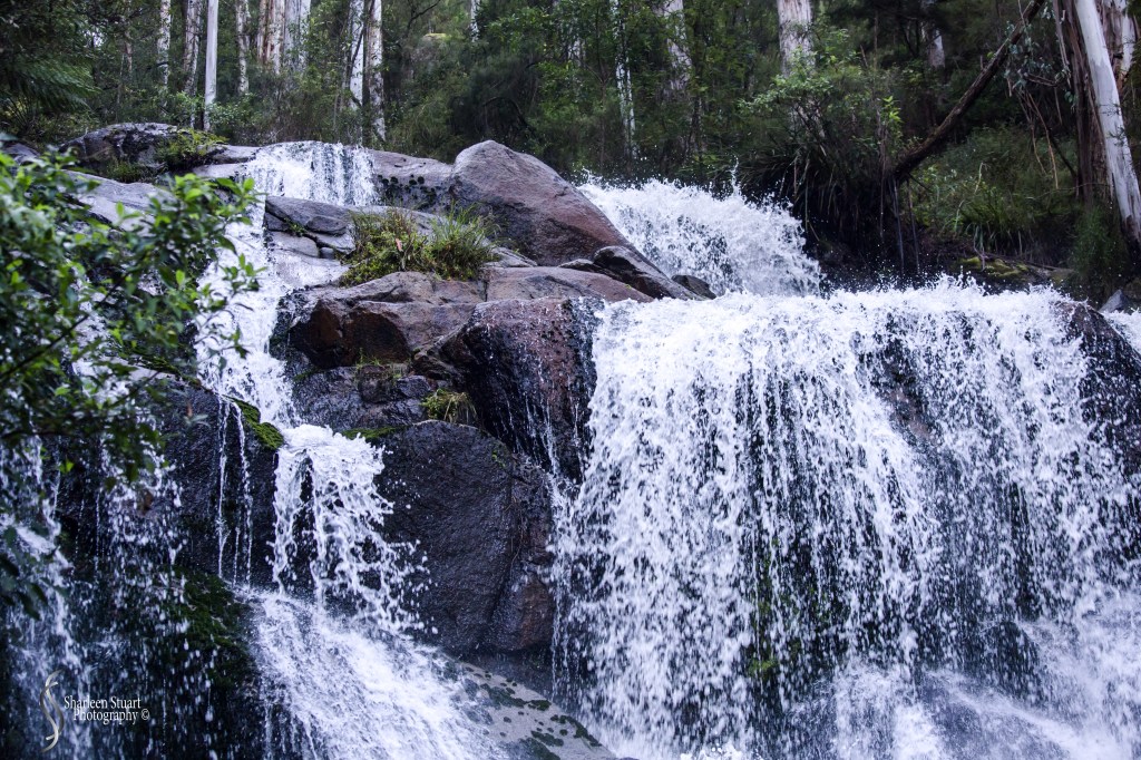 A cascading waterfall surrounded by lush greenery and rocks, creating a serene and tranquil atmosphere.