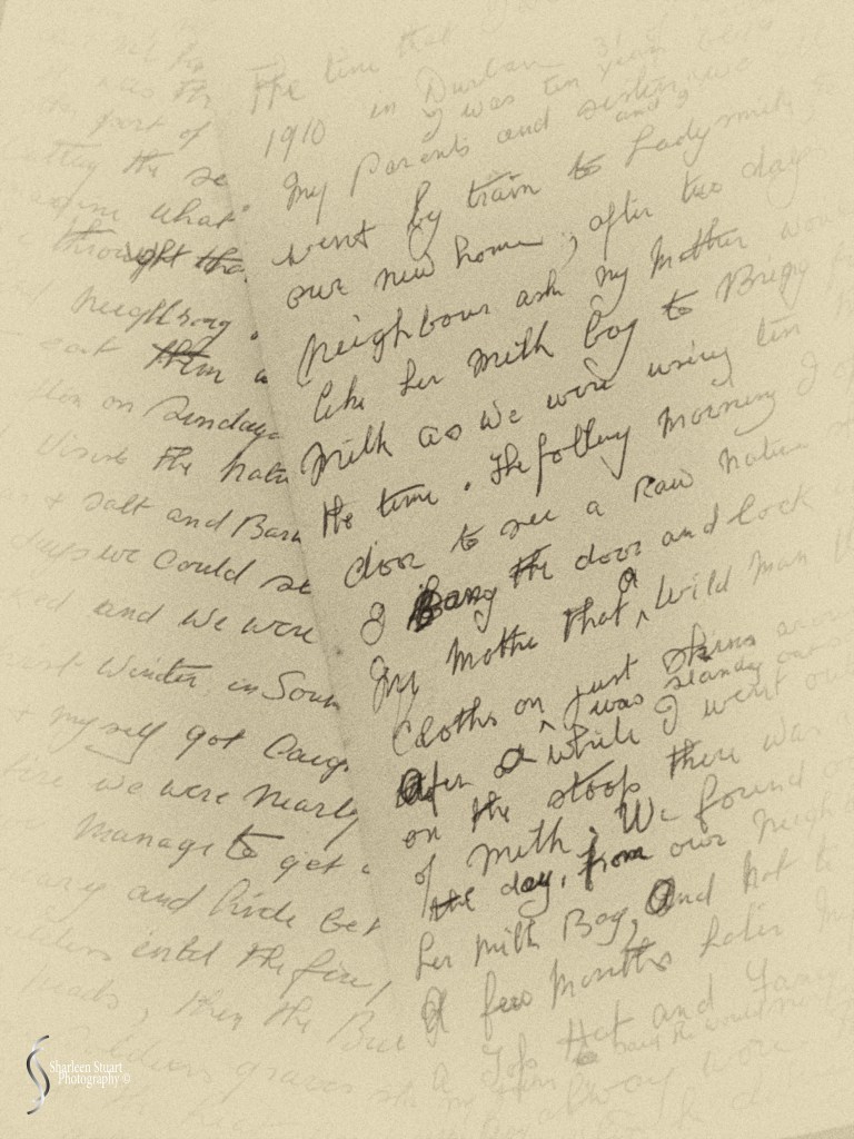 A close-up of aged handwritten letters, featuring cursive writing on light-toned paper. The letters seem to recount personal memories and experiences.