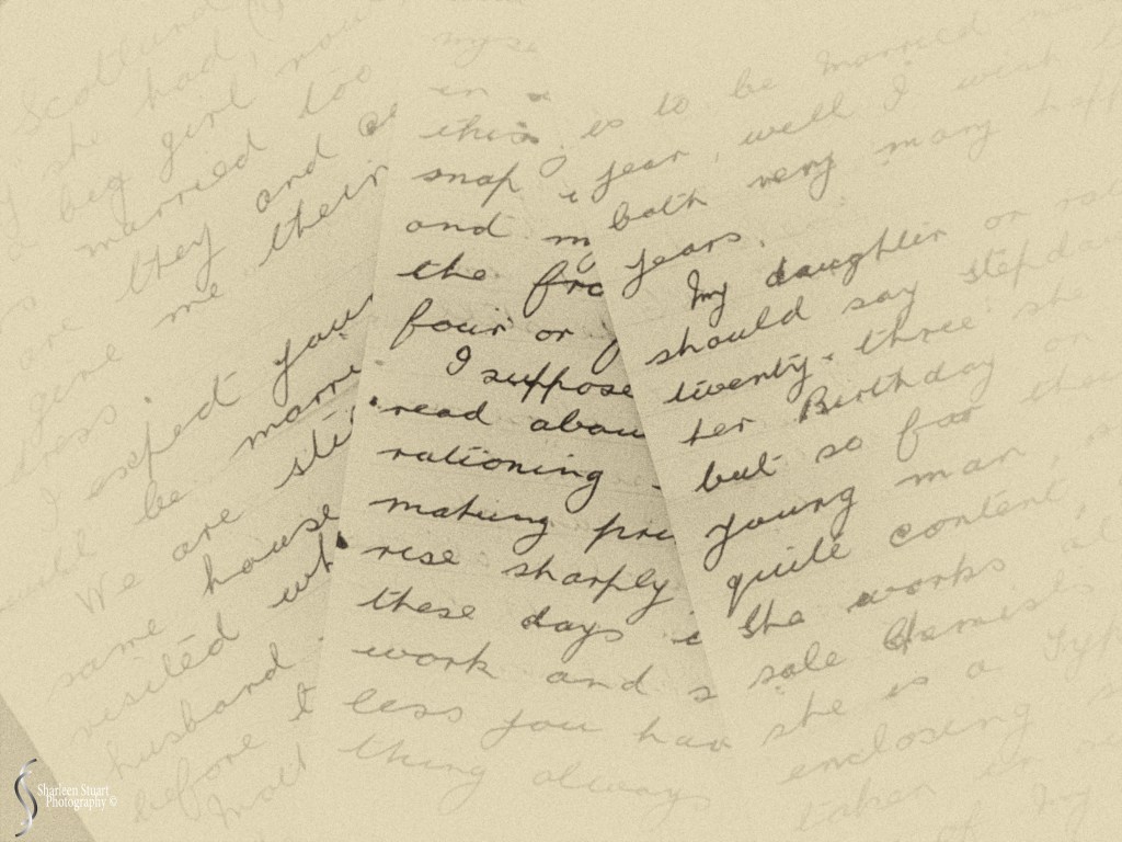 A close-up of handwritten letters on aged paper, featuring cursive writing with personal anecdotes and reflections.